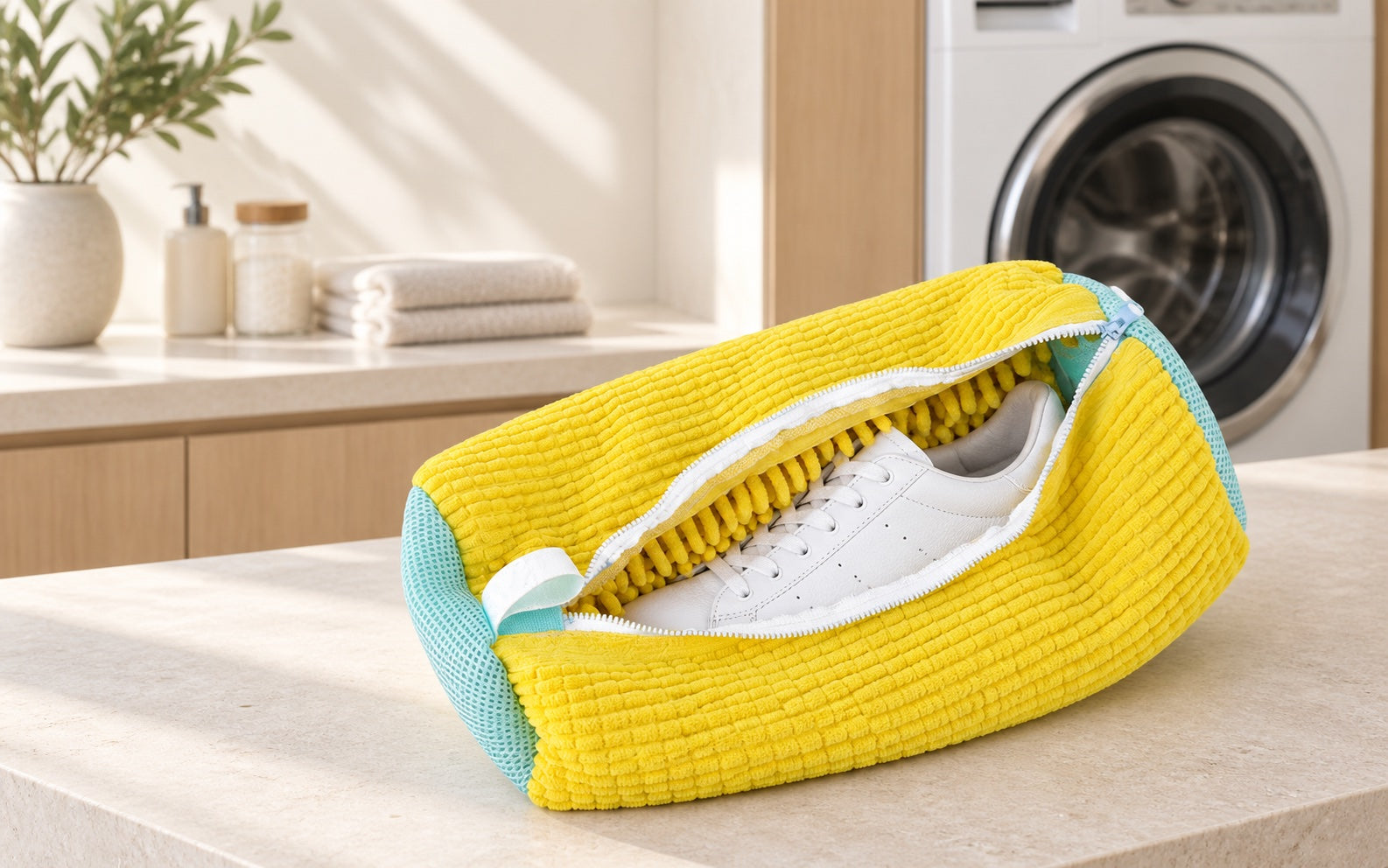 Yellow ScrubKix shoe wash bag holding a white sneaker in a bright laundry room