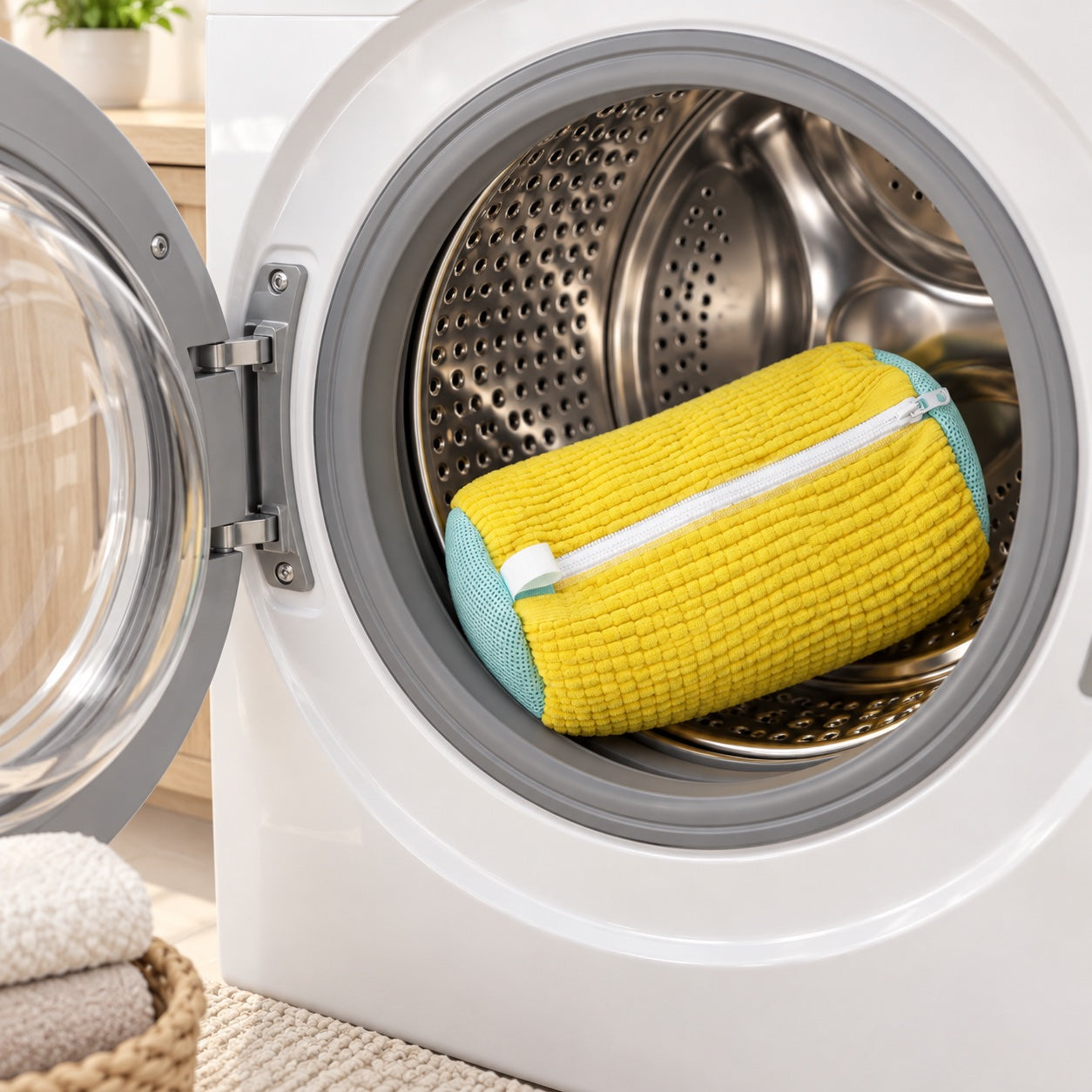 Closed yellow ScrubKix shoe wash bag inside an open front-loading washing machine