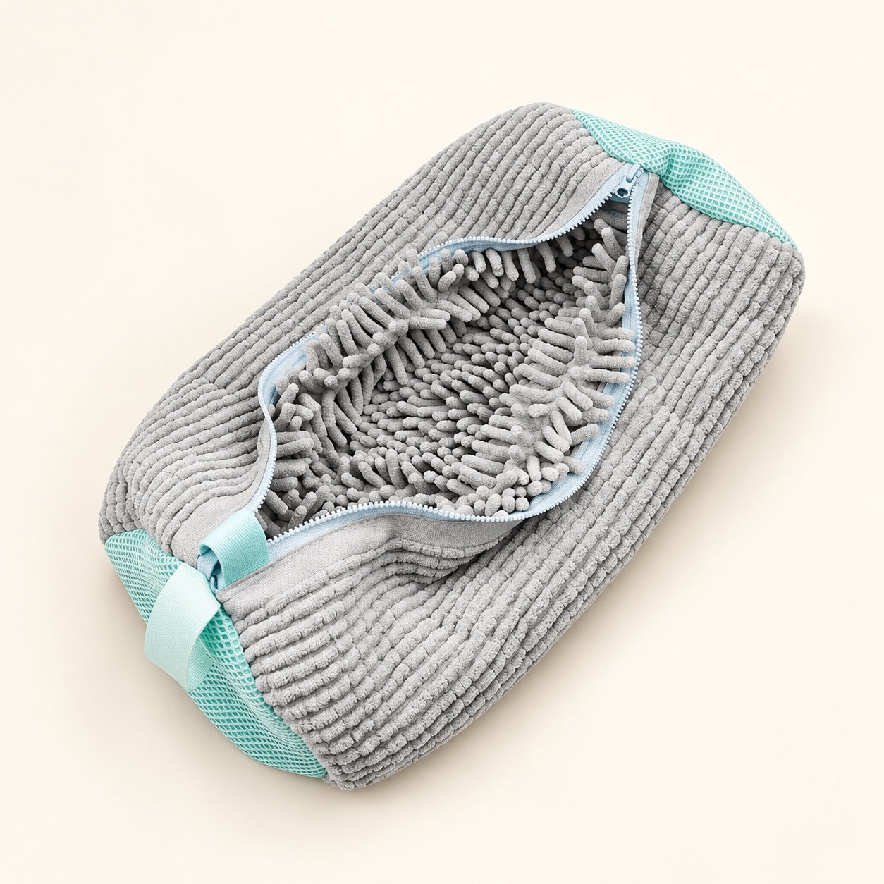 Open gray ScrubKix shoe wash bag with chenille lining and aqua mesh ends